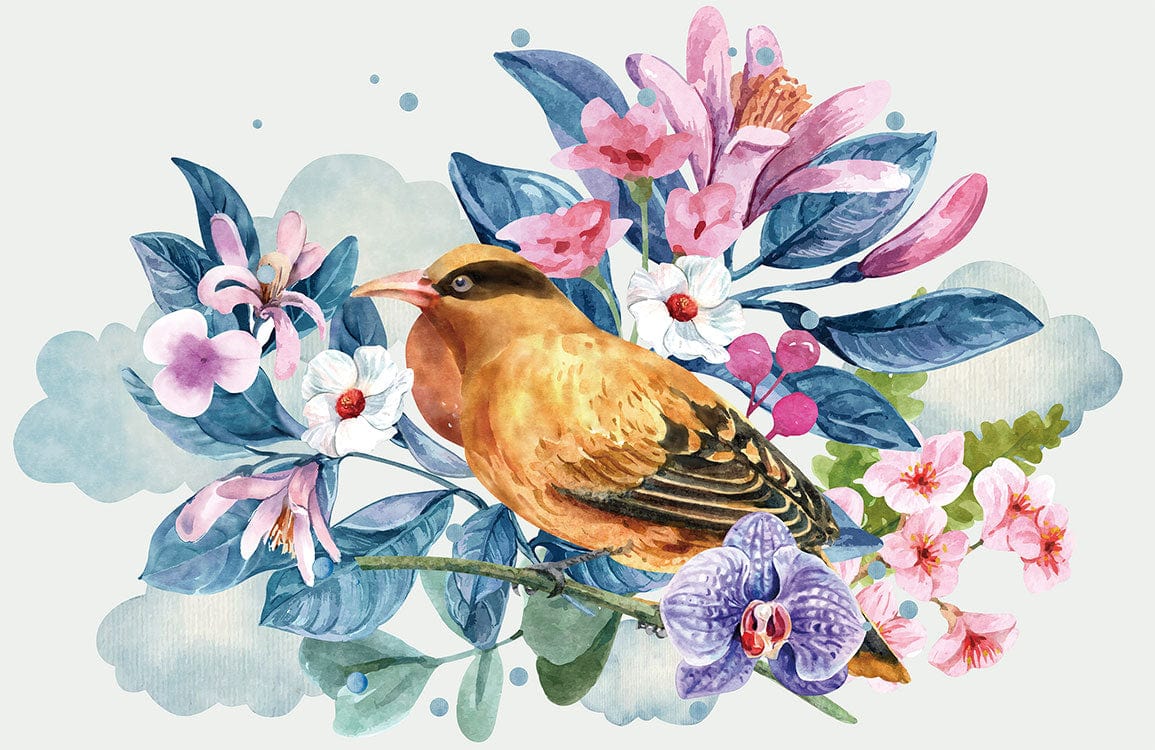 Elegant Watercolour Bird and Floral Mural Wallpaper in Pastel Hues