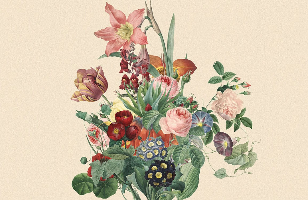 Vintage Botanical Floral Mural Wallpaper - Elegant Pastel Blooms on Cream Background