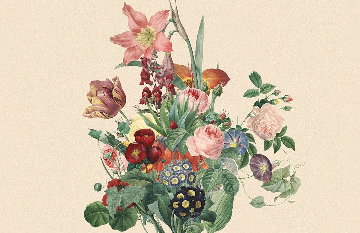 Vintage Botanical Floral Mural Wallpaper - Elegant Pastel Blooms on Cream Background