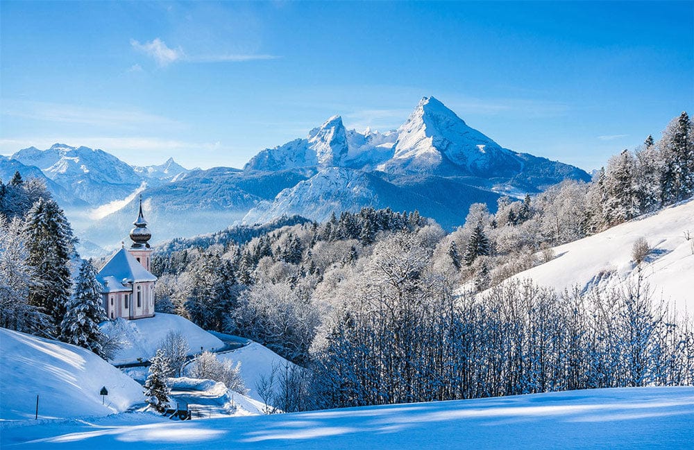 Majestic Alpine Winter Scene Mural Wallpaper - Blue Snowy Mountain Wonderland