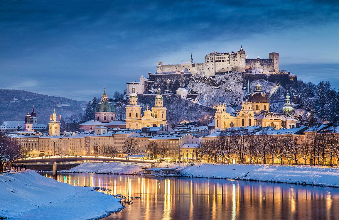 Enchanting Winter Castle Landscape Mural Wallpaper - Blue Hues Cityscape Elegance