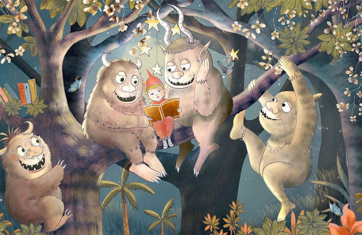 Whimsical Forest Creatures Mural Wallpaper in Dark Tones, featuring magical animal reading adventure scene.