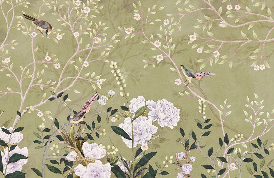Elegant Green Chinoiserie Birds and Blossoms Mural Wallpaper - Vintage Botanical Design