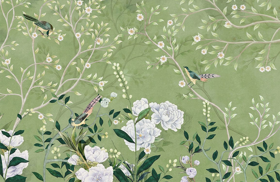 Elegant Green Floral and Bird Mural Wallpaper, Nature-Inspired Traditional Design