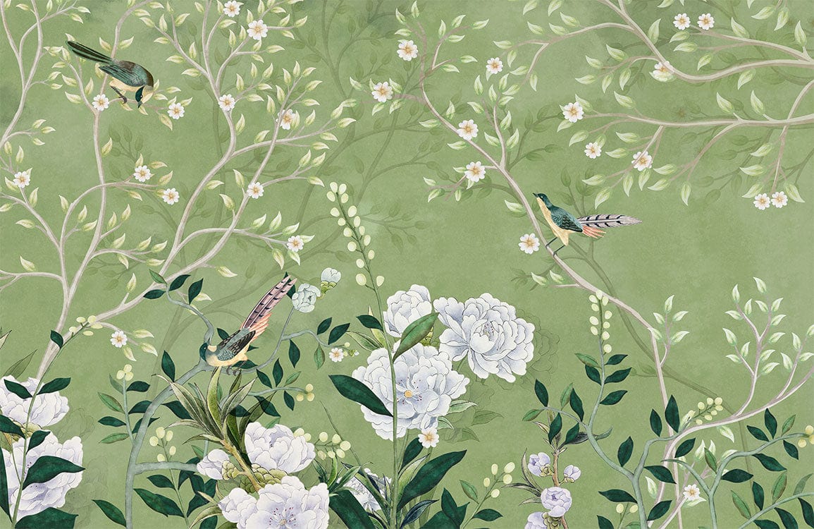 Elegant Green Floral and Bird Mural Wallpaper, Nature-Inspired Traditional Design