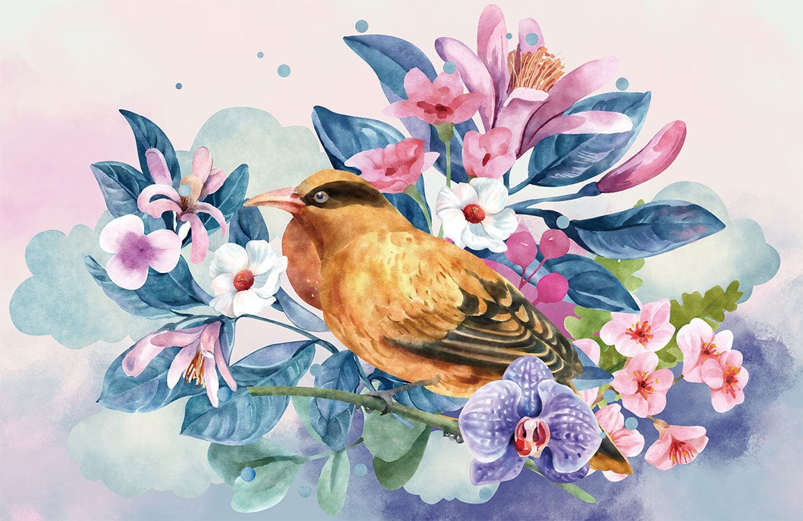 Floral Bird Paradise Mural Wallpaper - Pastel Watercolour Nature Design