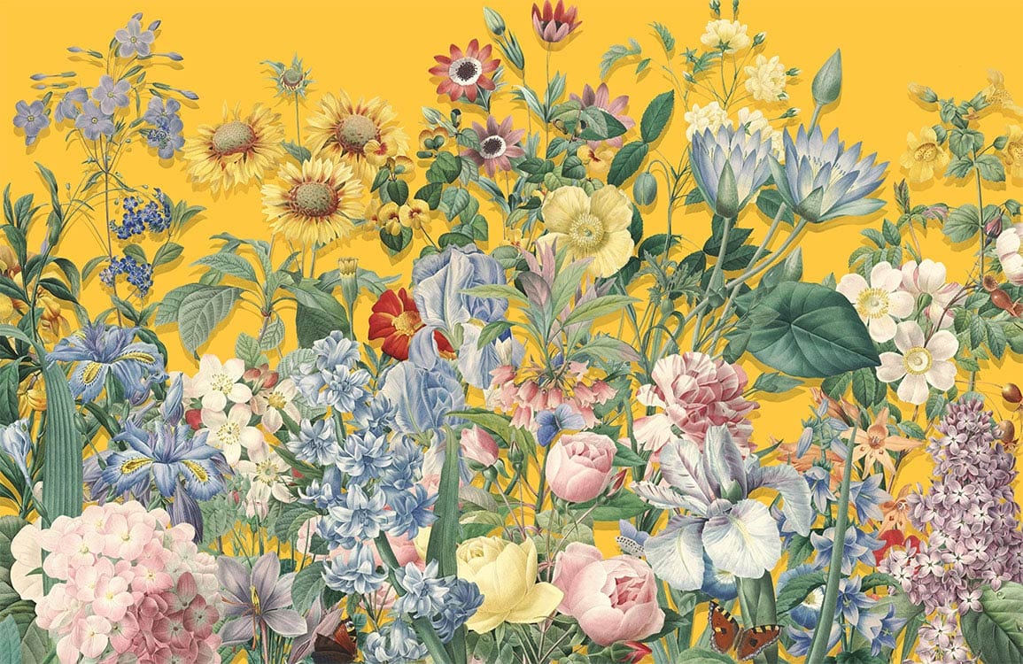 Vibrant Floral Symphony: Yellow Botanical Mural Wallpaper for Stylish Interiors