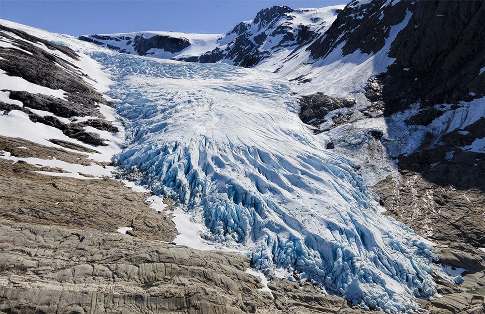 Majestic Glacier Landscape Mural Wallpaper in Cool Blue and Grey Tones