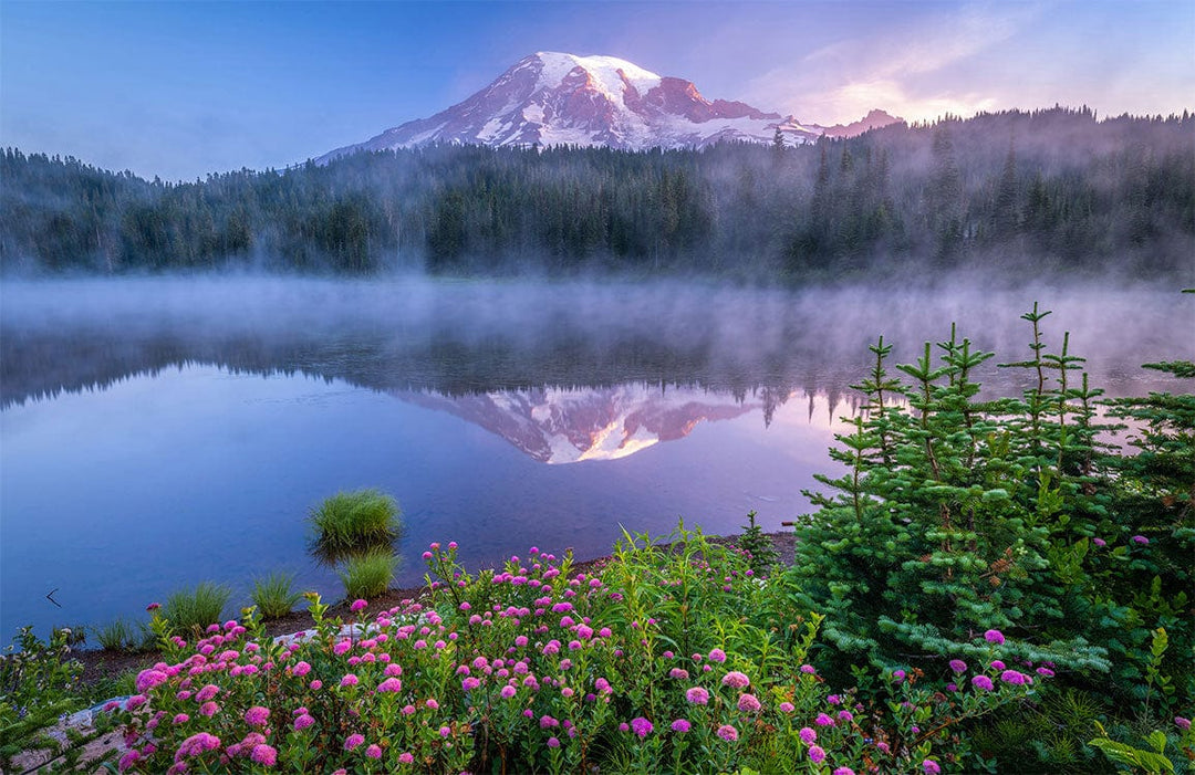 Tranquil Mountain Lake Mist Mural Wallpaper in Serene Nature Landscape Scene