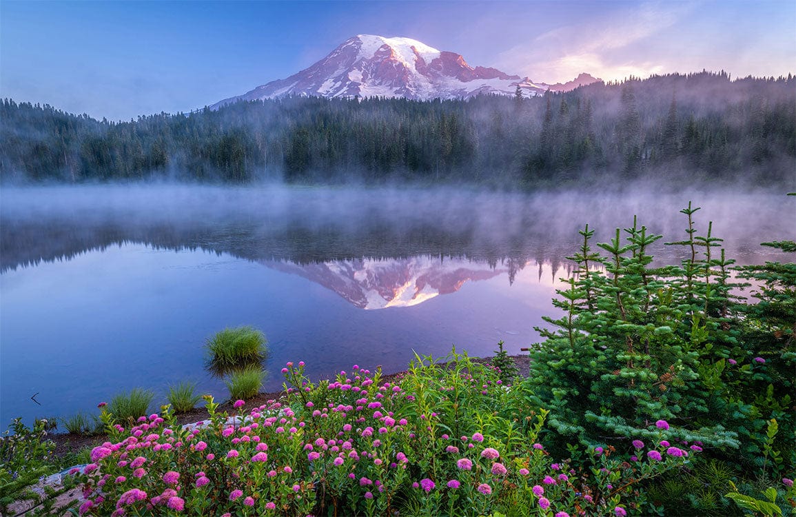 Tranquil Mountain Lake Mist Mural Wallpaper in Serene Nature Landscape Scene