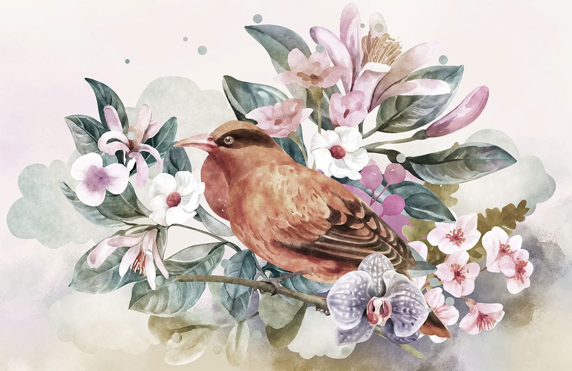 Floral Serenity: Watercolour Bird Mural Wallpaper in Soft Pastel Hues
