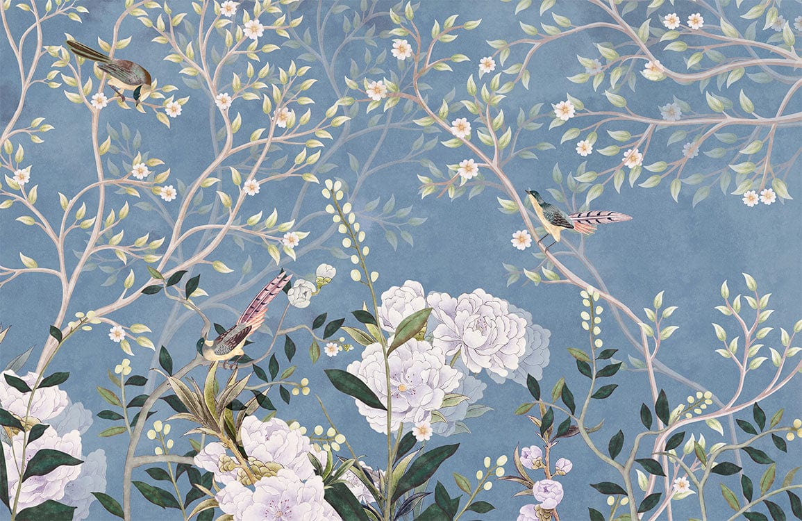 Tranquil Blue Floral Bird Garden Wallpaper - Elegant Nature-Inspired Design