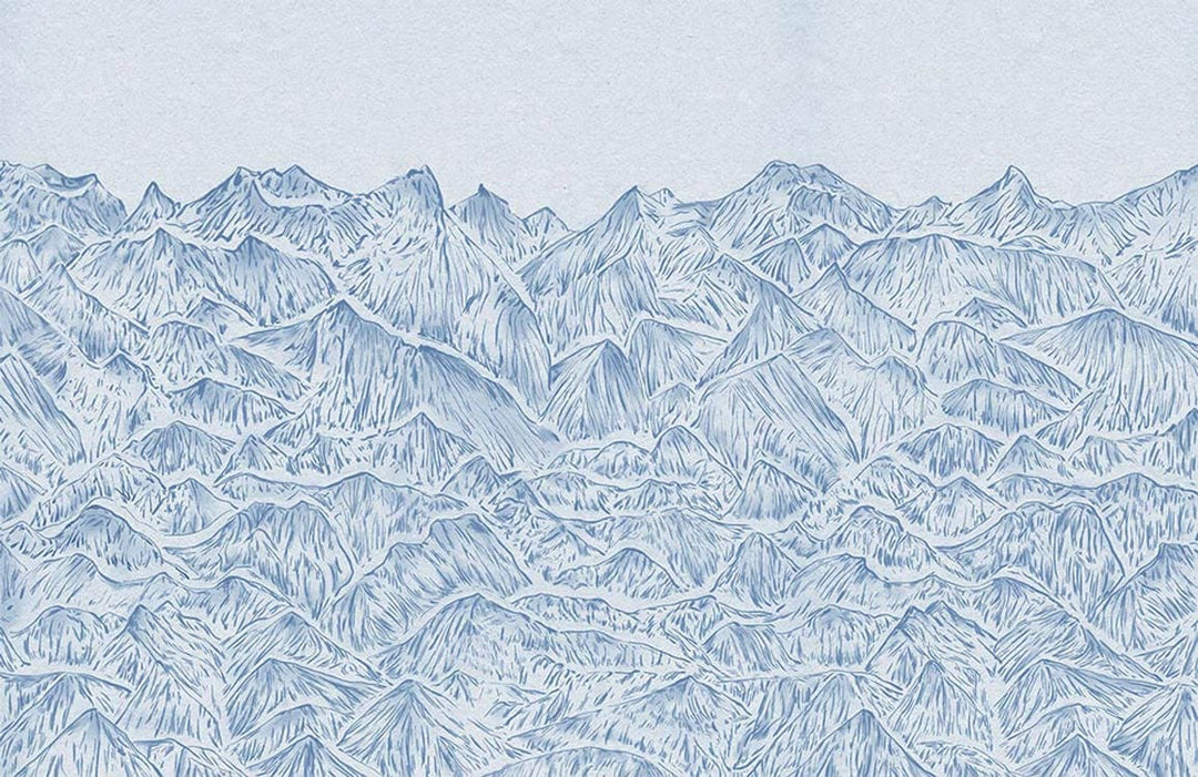 Tranquil Blue Mountain Landscape Mural Wallpaper, Contemporary Artistic Design Decor.