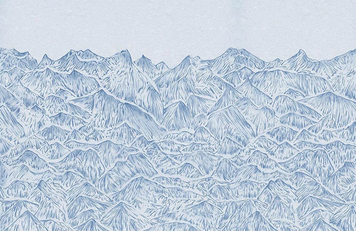 Tranquil Blue Mountain Landscape Mural Wallpaper, Contemporary Artistic Design Decor.