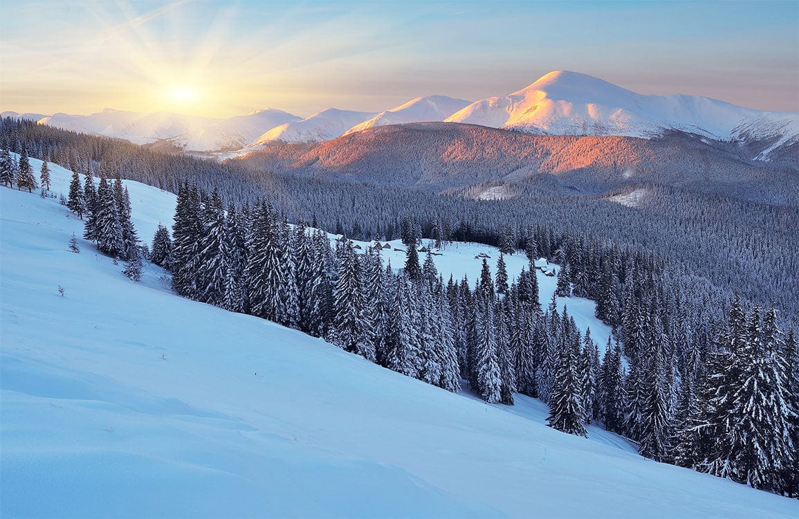 Tranquil Snowy Mountain Sunrise Mural Wallpaper - Winter Landscape Scene Decor