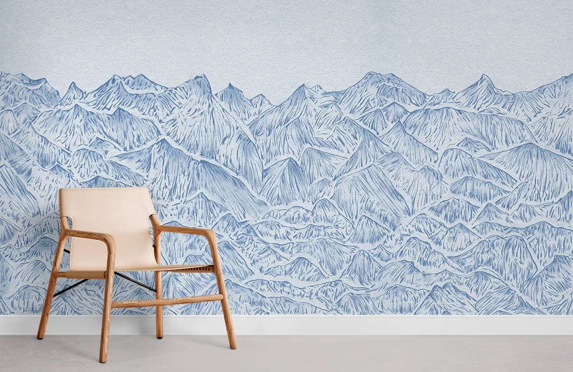 Tranquil Blue Mountain Landscape Wallpaper in modern style, featuring beige chair and grey flooring.