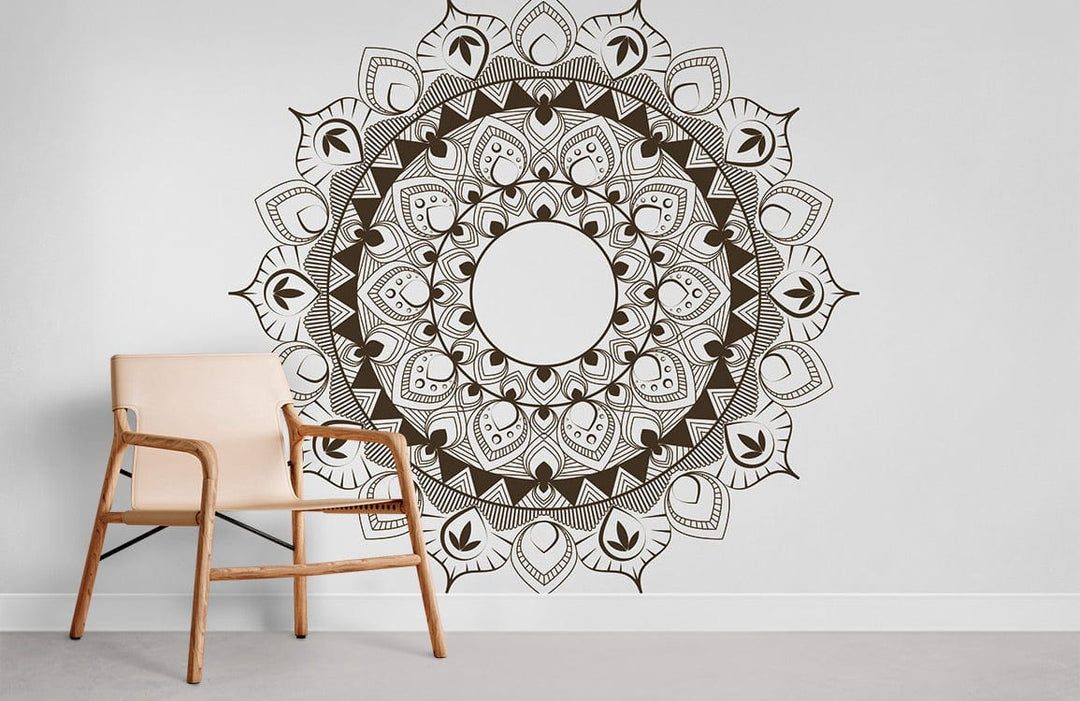 Elegant bohemian mandala wallpaper with beige chair, against a white wall, in a minimalist room.