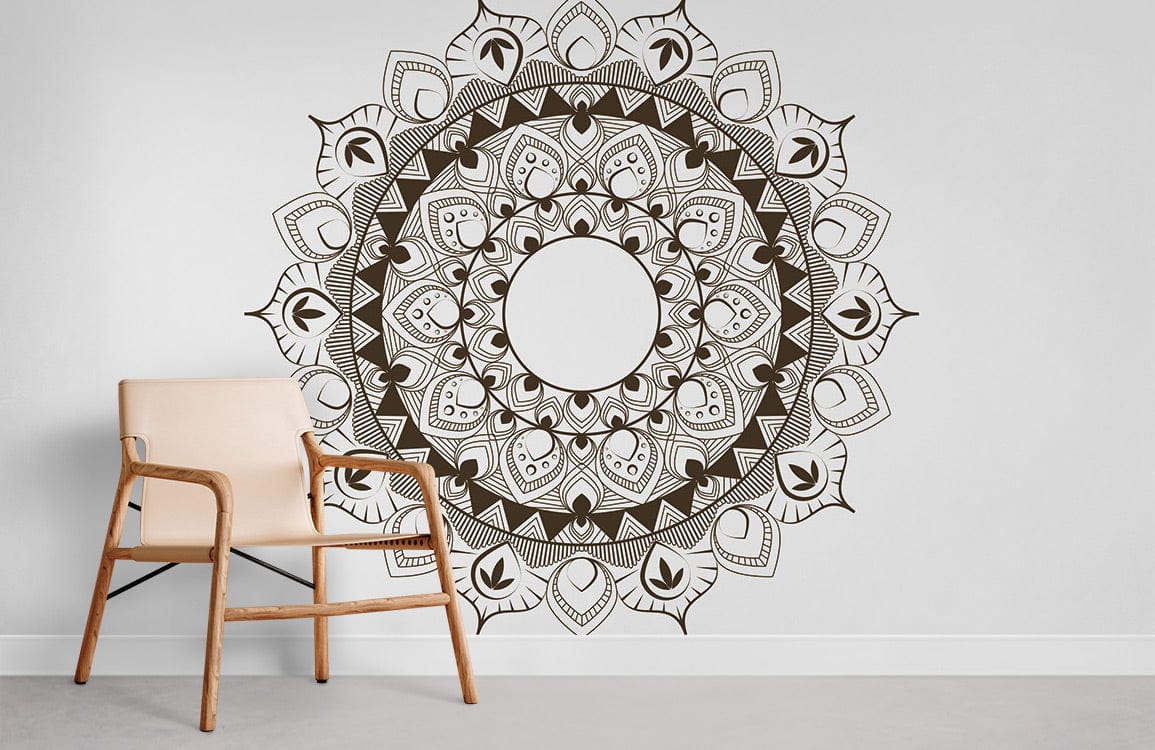 Elegant bohemian mandala wallpaper with beige chair, against a white wall, in a minimalist room.