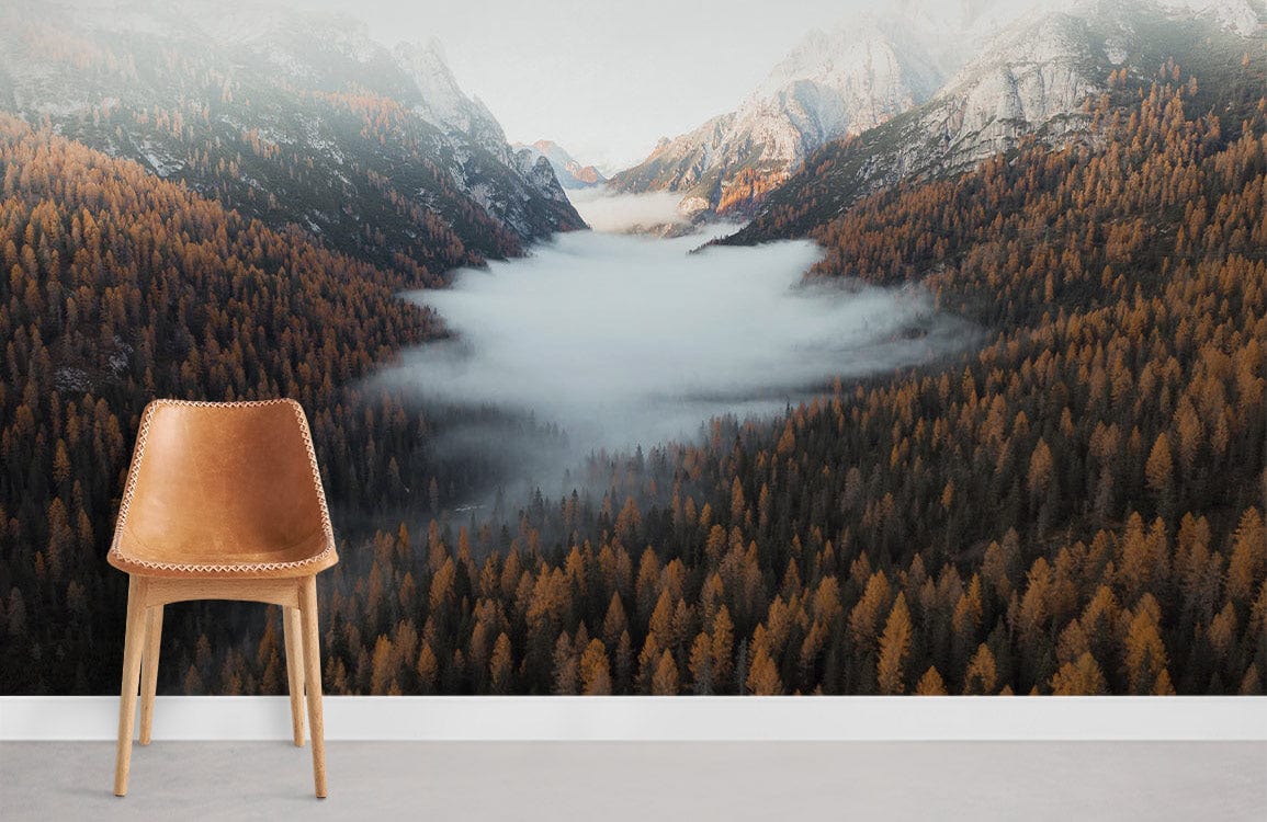 Majestic Alpine Forest mural in living room, brown chair, grey flooring, dimension of wallpaper.