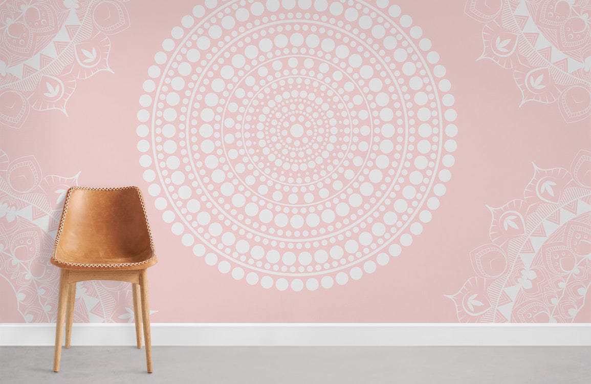 Elegant pink and white mandala wallpaper in modern room with brown chair, grey flooring.