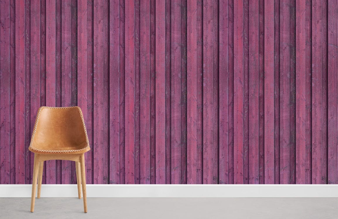Vintage Plum Wooden Panel Wallpaper with leather chair, grey floor; rustic textured wall Décor design.