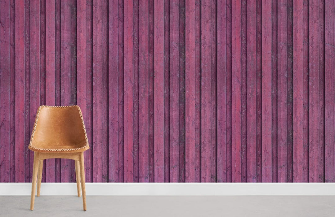 Vintage Plum Wooden Panel Wallpaper with leather chair, grey floor; rustic textured wall Décor design.