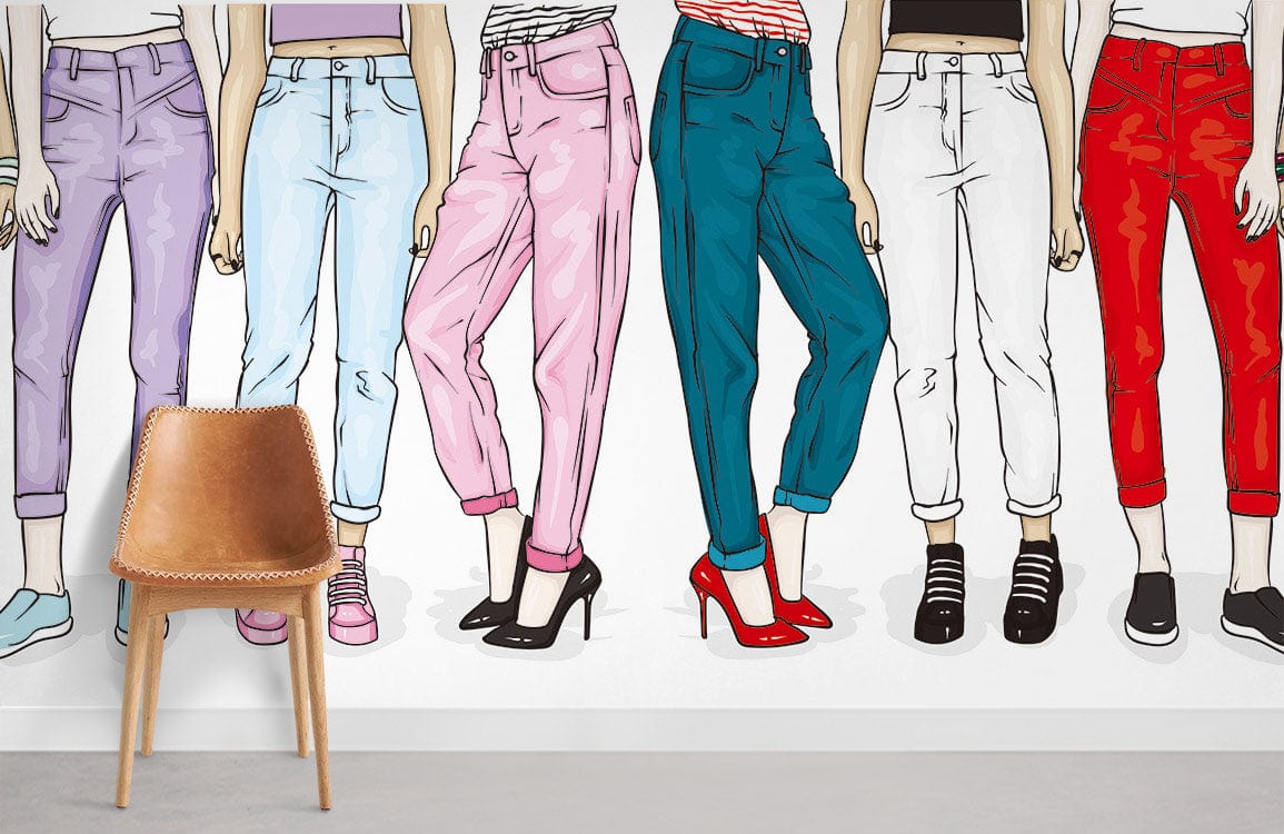 Bold Fashionista Jeans Pattern Mural Wallpaper, vibrant interior design with leather chair and grey flooring.