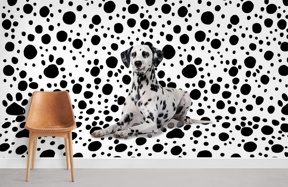 Monochrome Dalmatian dot wallpaper with brown leather chair, grey flooring in modern room design.