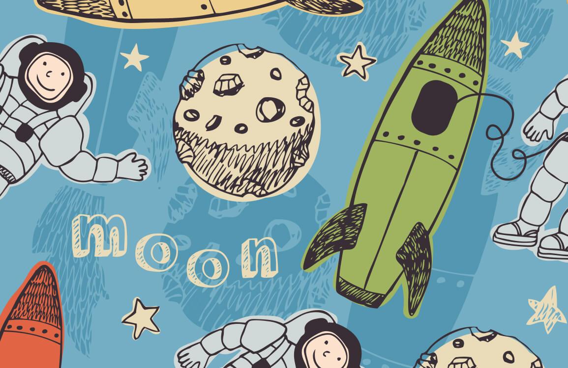 Playful Astronauts and Rockets Kids' Blue Space Adventure Wallpaper Mural