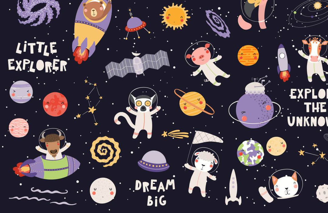 Children's Cosmic Adventure Space Theme Mural Wallpaper - Colourful Playful Design