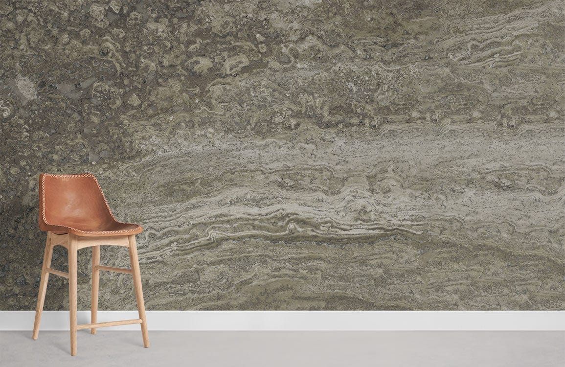 Earthy Stone Textured Mural Wallpaper, rustic grey with brown leather chair in modern living space.