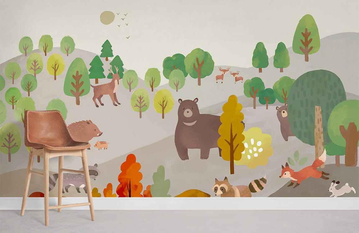 forest animals are all looking at running foxes in the forest wallpaper