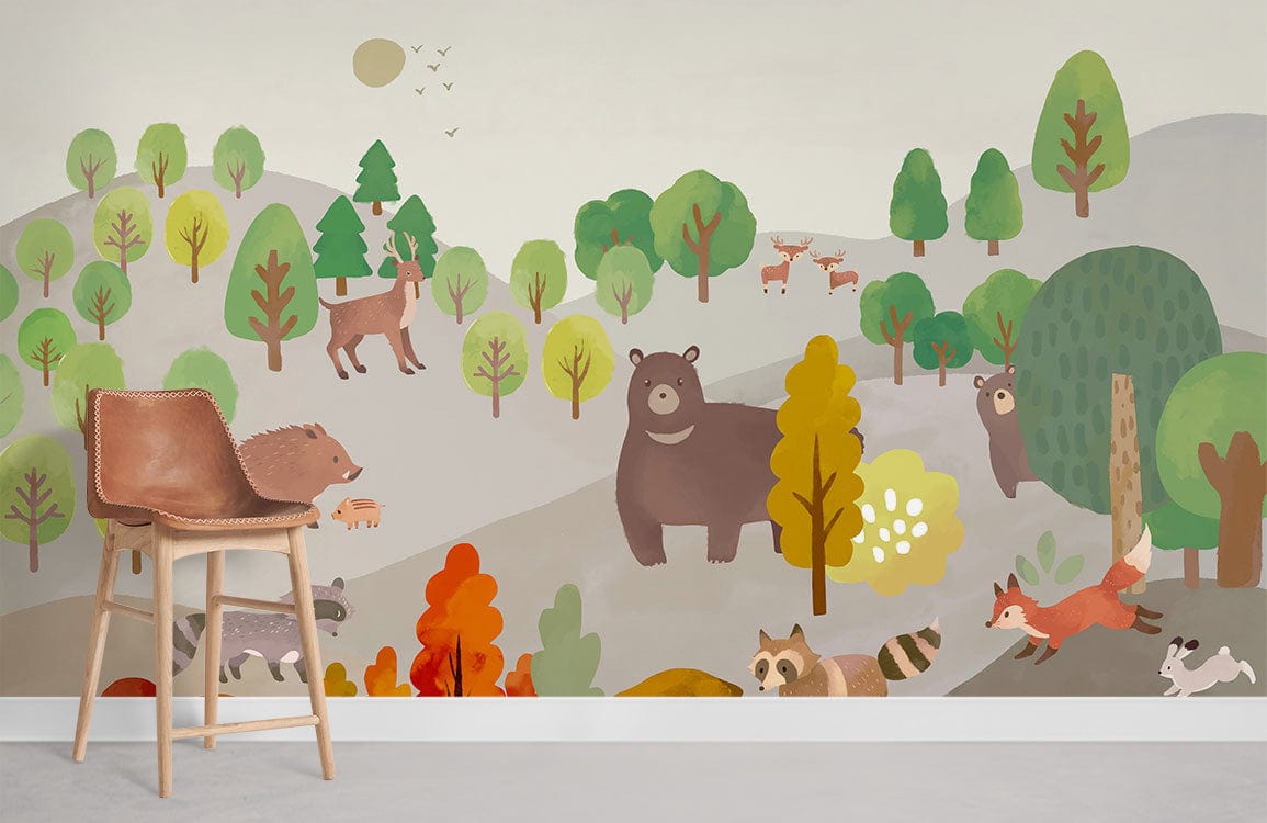 Woodland Animals Pastel Mural Wallpaper, children's room decor, leather chair, white skirting, grey flooring.