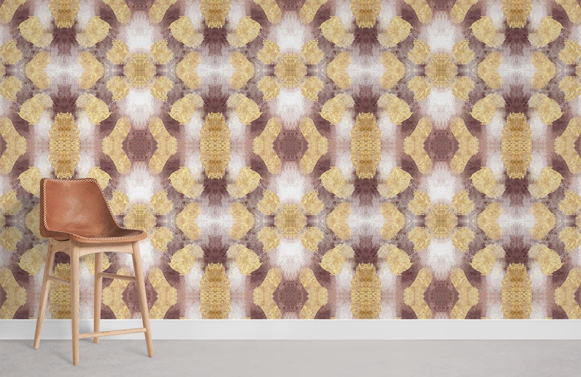 Vintage geometric wallpaper in warm earth tones, elegant interiors, brown leather chair, grey flooring.