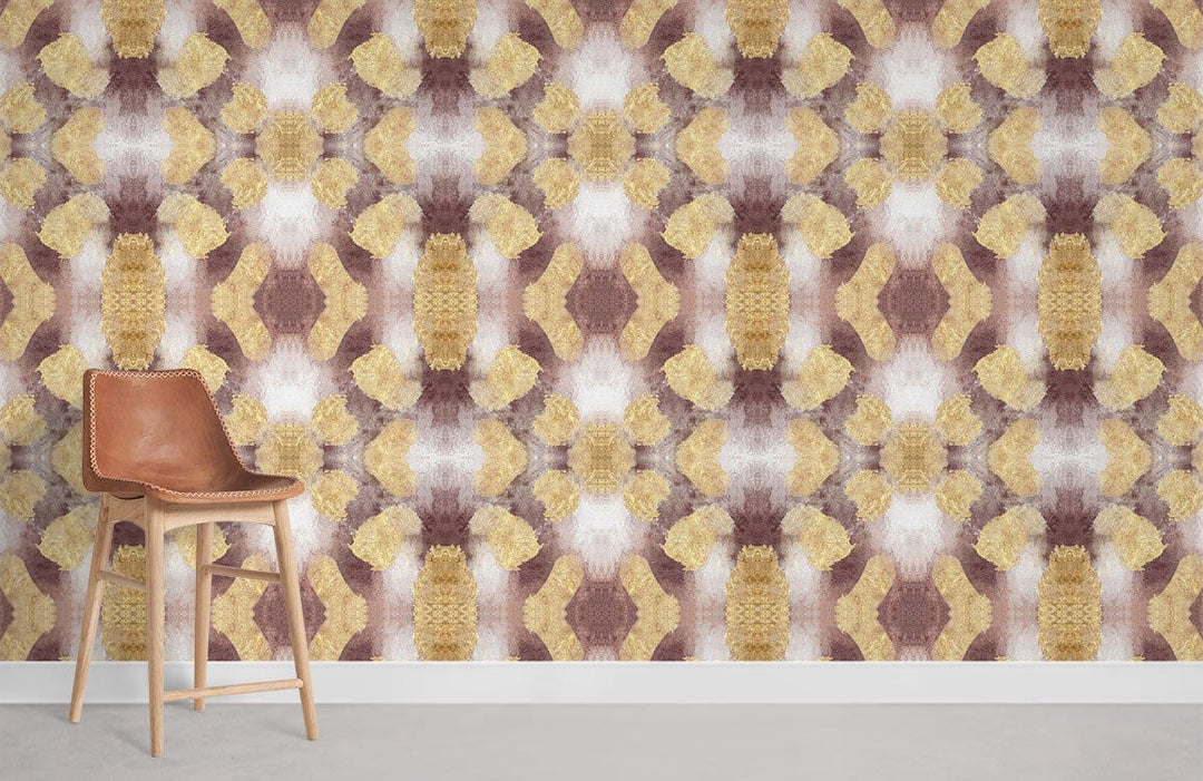 Vintage geometric wallpaper in warm earth tones, elegant interiors, brown leather chair, grey flooring.