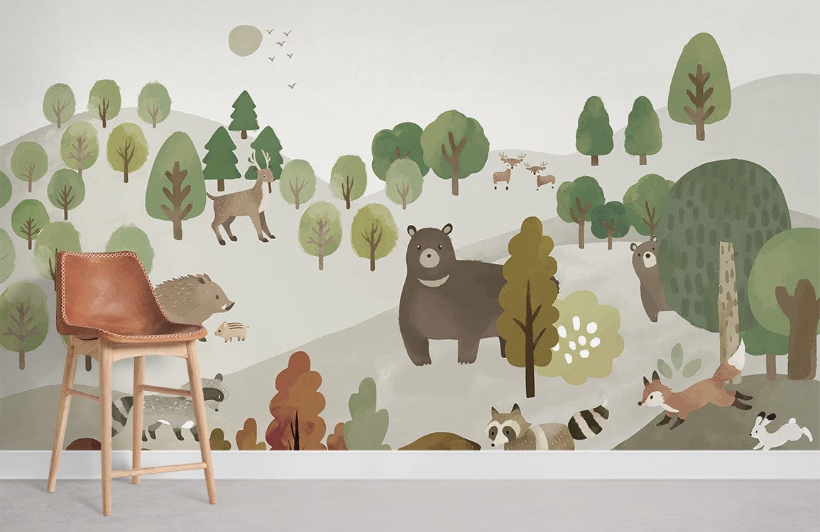 forest animals are looking at the running foxes wallpaper mural