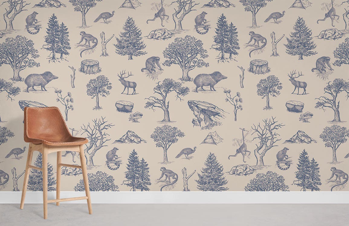 Vintage Forest Wildlife toile wallpaper, elegant blue and beige; brown leather stool on grey flooring.
