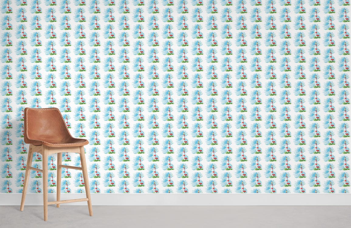 Whimsical seaside wallpaper, blue and white pattern, coastal decor; brown leather chair, concrete flooring.