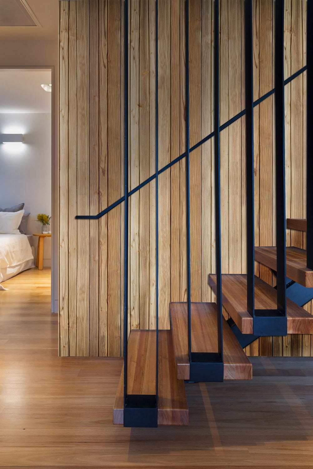 Rustic wood plank wallpaper, natural brown, vertical stripes, modern staircase, wooden flooring, minimalist bedroom.