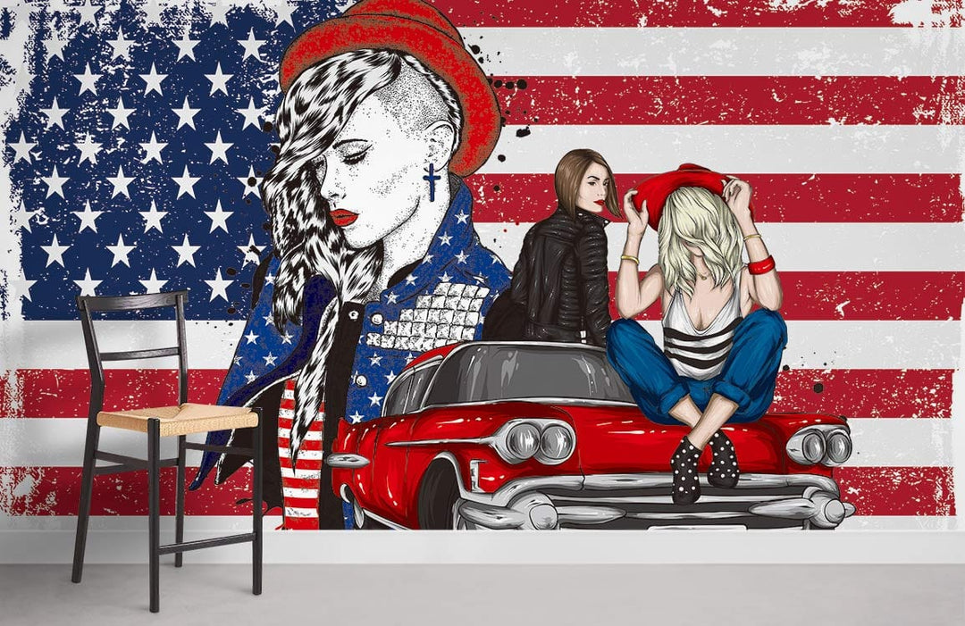 Retro American pop art mural wallpaper featuring vintage car, bold colours, black chair, American flag.