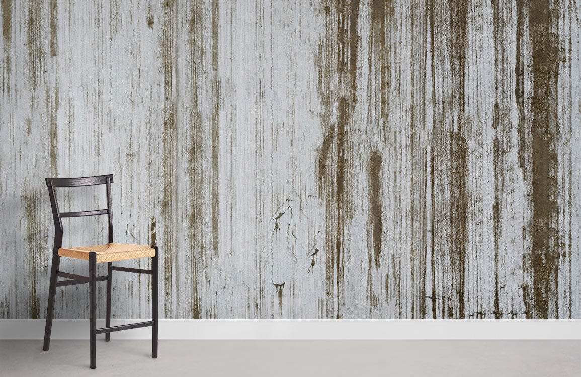 Industrial Chic weathered vertical stripes wallpaper in rustic brown and white, black chair beside.