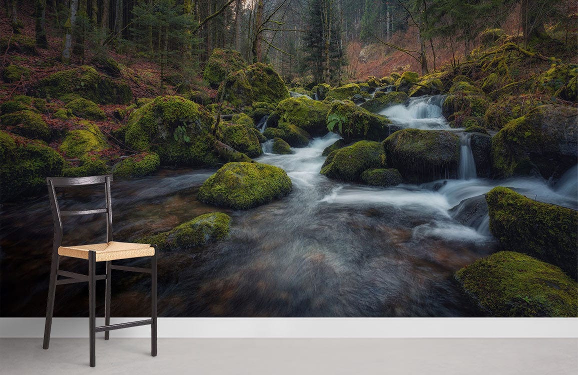 Mystical Forest Stream Wallpaper in room with black chair, light flooring, nature-themed wall decor.