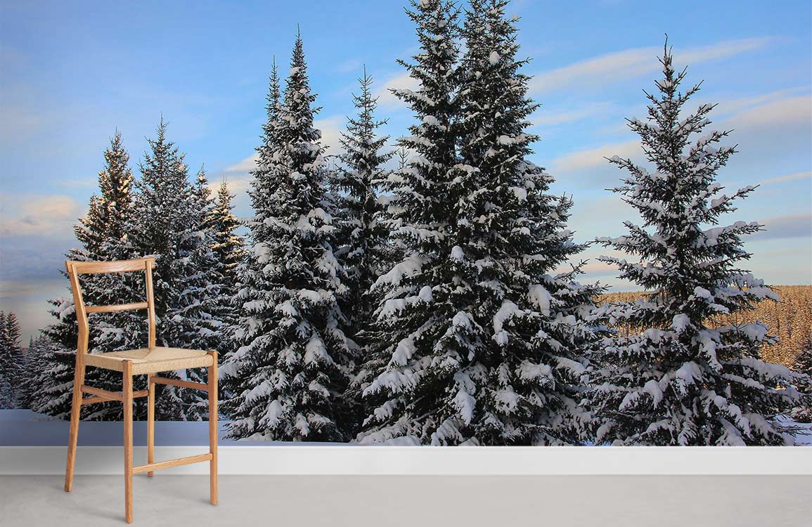 Wall mural with snowy pine forest, blue skies; light wooden chair, grey flooring in minimalist room.