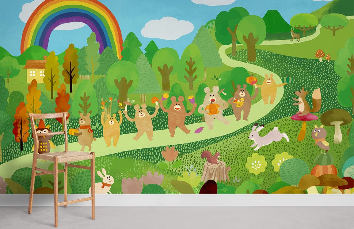 Kids room mural featuring whimsical animals and rainbow path wallpaper, with wooden chair and grey flooring.