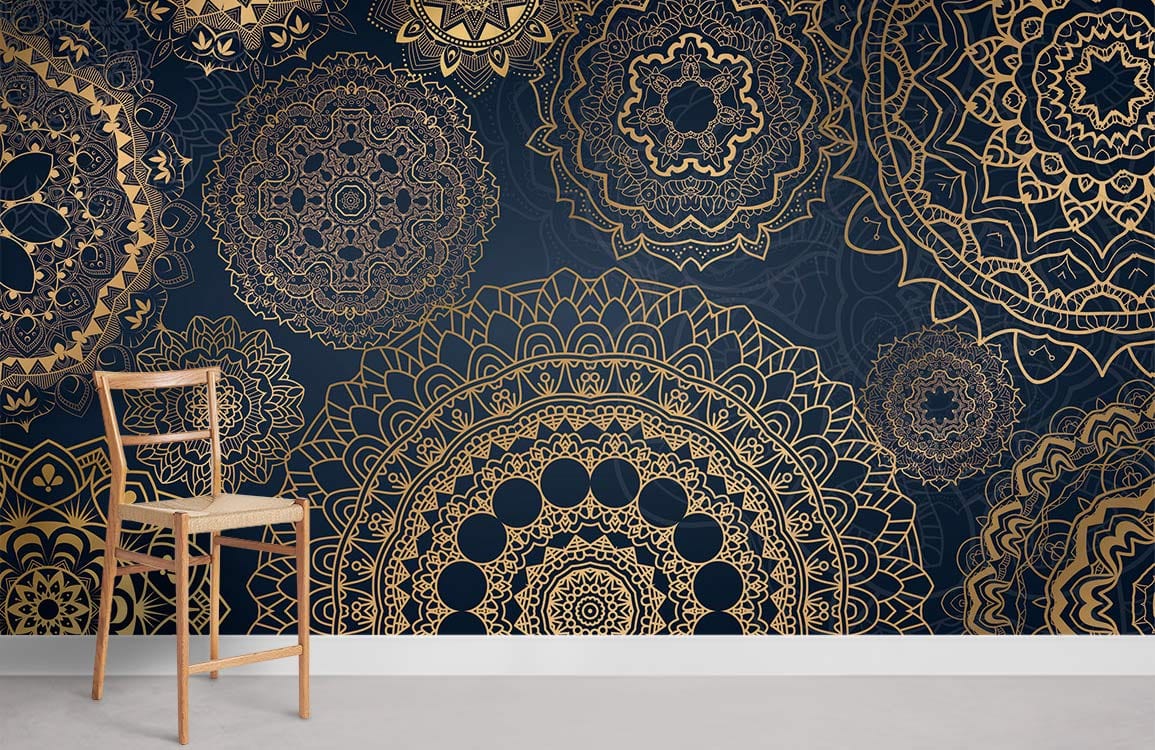 golden Mandala pattern and dark background wall murals for home