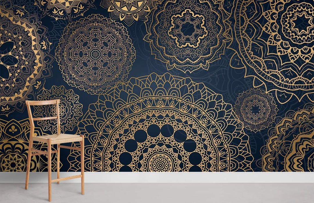 Elegant gold mandala wallpaper with dark blue, wooden chair, modern interiors, luxury touch.