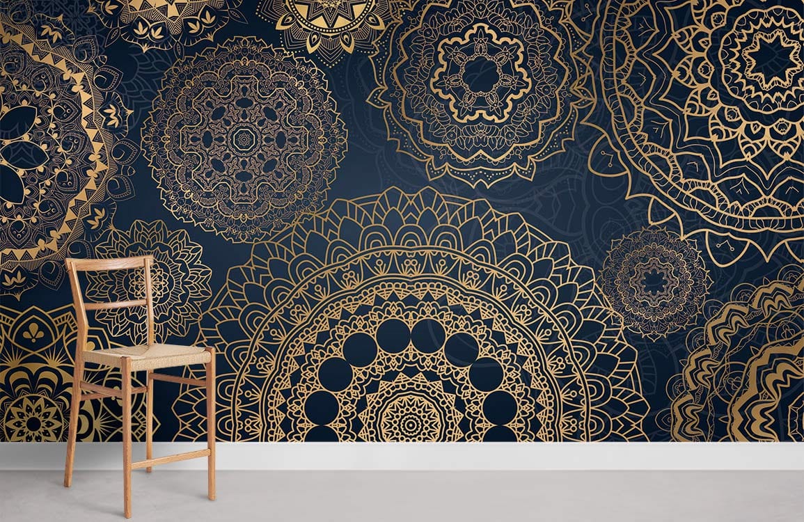 Elegant gold mandala wallpaper with dark blue, wooden chair, modern interiors, luxury touch.