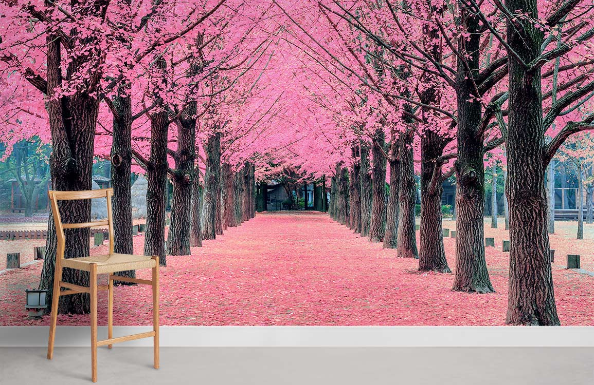 road full of pink flowers and trees wall murals for home