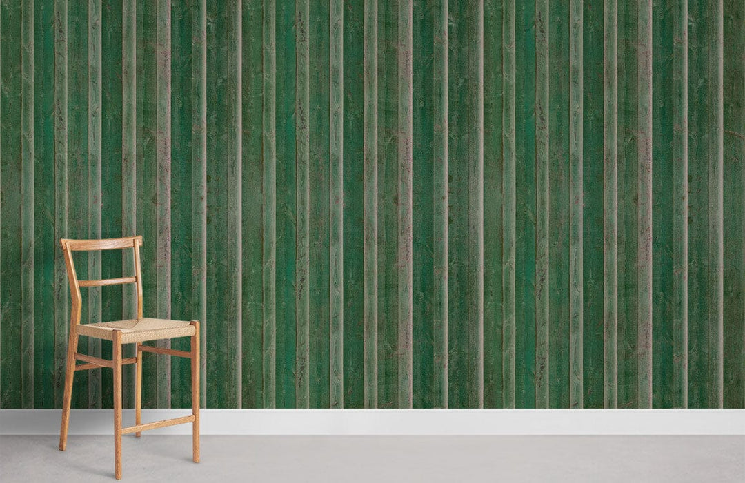 Vintage green striped marble wallpaper, wooden chair, concrete flooring, classic interior decor.