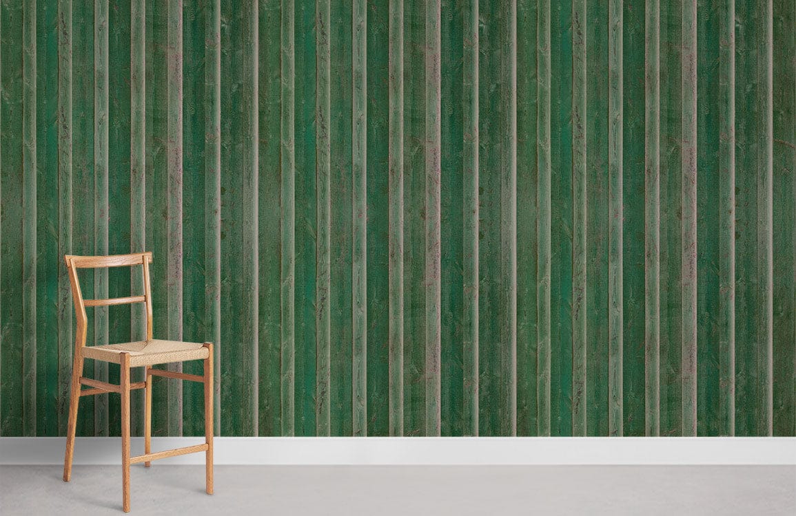 Vintage green striped marble wallpaper, wooden chair, concrete flooring, classic interior decor.